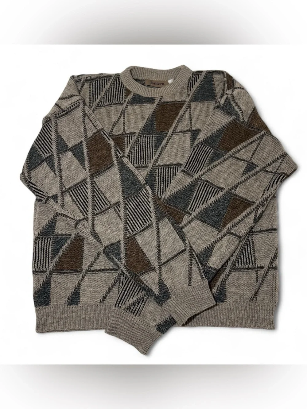 Jantzen Taupe Crewneck Sweater with Brown & Charcoal Geometric Pattern